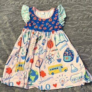 Girls' Multi-Print School-Themed Dress - Pink & Blue